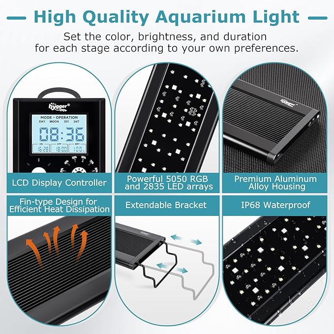 hygger 46W Aquarium Light, 24/7 & DIY Mode Fish Tank Light with Timer, IP68 Waterproof Full Spectrum, 8 Colors, 10 Brightness Day & Night Cycle Memory Function for 35-41 Inch Tank