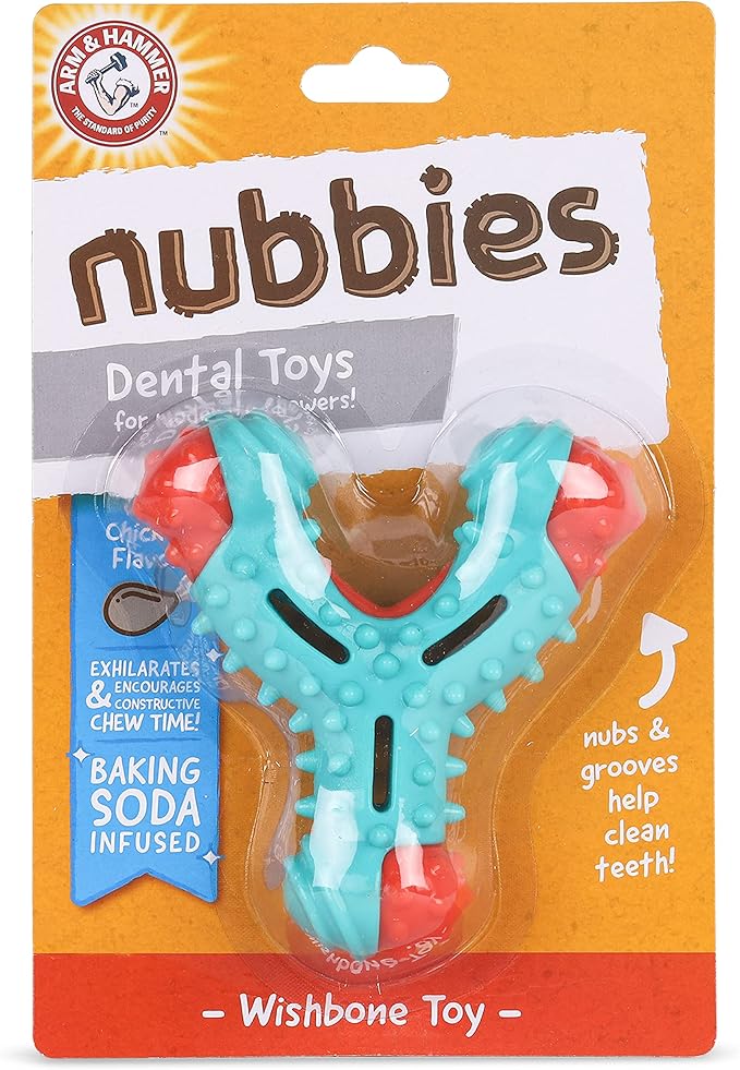 Arm & Hammer Nubbies Wishbone Dog Dental Chew Toy for Dogs, Moderate Chewers, Chicken Flavor, Nylon and TPR, Baking Soda Infused, Reduces Plaque and Tartar, No Stuffing - 24 Pack