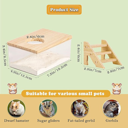 Transparent Hamster Sand Bath Box with Ladder Acrylic Dust Bath Digging Box and Hideout Clear Small Pet Bathroom for Hamsters Gerbils