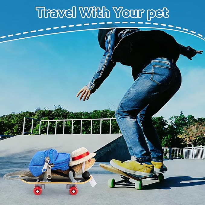 AOWPFVV 3 Pack Bearded Dragon Toys Includes a Bearded Dragon Backpack, an Adjustable hat, and a mini Skateboard Toy, for Small Reptile Pets Such as Lizards, Hamsters, Parrots, and Turtles
