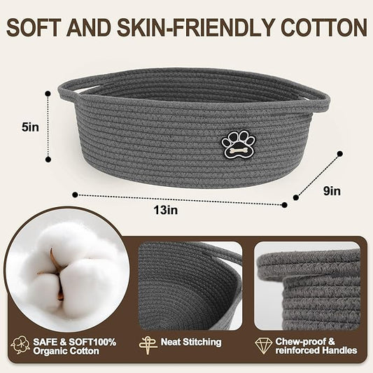 Small Dog Toy Basket, Soft Cotton Rope Dog Cat Toy Bin, Woven Storage Holder for Living Room Nursery, Cats Pet Gift Basket Empty, Decorative Wicker Storage Box with Handle, 13"x 9"x 5" (Grey)