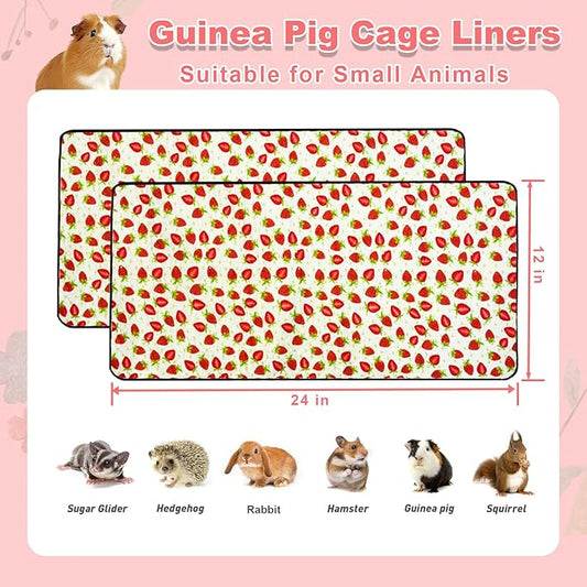 2 Pack Guinea Pig Cage Liners, 12"x 24" Washable Waterproof Bedding for Rabbit, Bunny, Hamster & Small Animals, Reusable Super Absorbent Pee Pads for C&C Cage, Strawberry Print