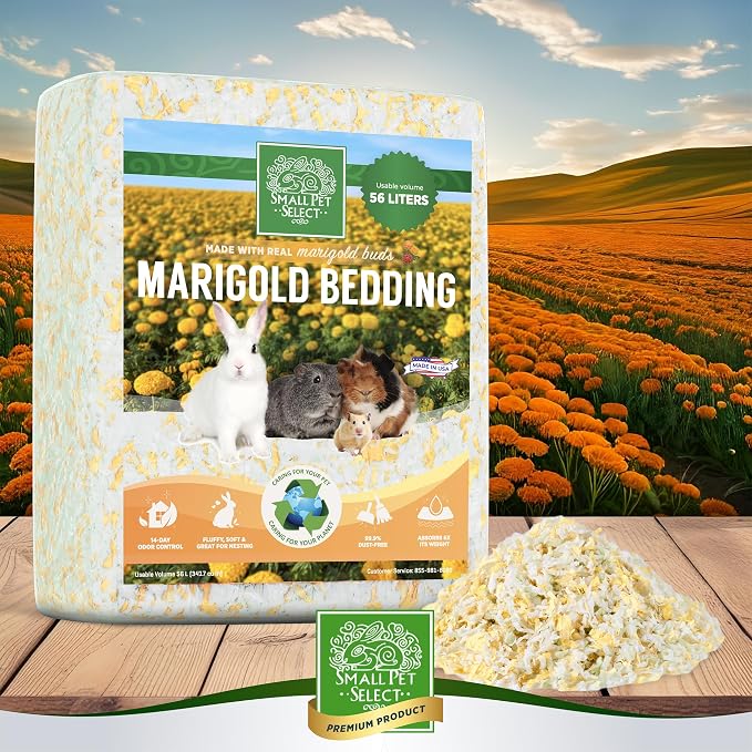 Small Pet Select Marigold Bedding, Paper Bedding with Real Marigold, Soft Animal Bedding with Odor Control for Guinea Pig, Rabbit, Hamster, or Bunny, Cage Accessories, Made in USA, 56L
