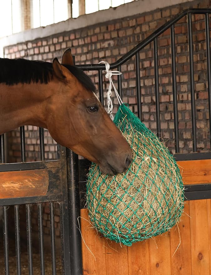 Harrison Howard 2 PCS Slow Feed Hay Net for Horses, 40 Inch Hay Bag Holds 1–2 Flakes, 2 Inch Mesh Durable Hanging Feeder for Stable, Pasture & Livestock-Grass Green