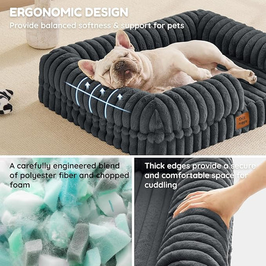 ChiXnuggle Orthopedic Dog Bed with Bolster Sides for Sleeping, Fluffy Plush Rectangular Dog Bed Medium Sized Dog, Luxury Striped Faux Fur Waterproof Dog Couch with Removable Washable Cover, Dark Grey