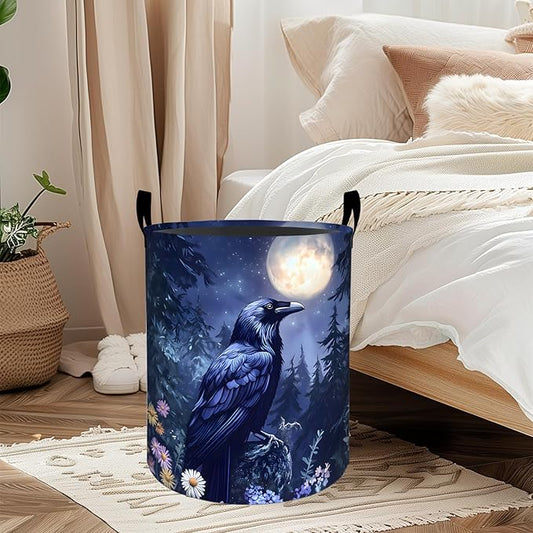 Gothic Raven Floral Laundry Basket, Oxford Cloth Goth Mystery Dirty Clothes Collapsible Hamper for Room Decor, Moon Flower Print Gifts Toy Organizer 19.7 * 15.8 Inch for Bedroom Bathroom Dorm
