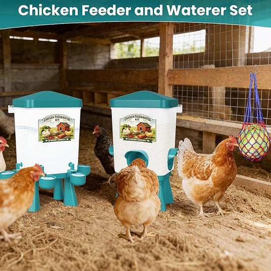 Erinaik Chicken Feeder and Waterer Set, 3 Gallon/16 LB Automatic Poultry Feeding System with Hanging Option, No Waste Feeder Ports & Water Cups, BPA-Free, Ideal for Hens Ducks and Poultry (BLUE2)