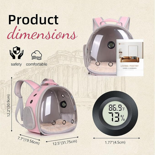 Bearded Dragon Travel Backpack Carrier with Reptile Thermometer and Humidity Gauge Lizard Travel Cage Space Capsule Clear Bubble Window Astronaut Reptile Bag for Ball Python (Pink, Backpack+I LSH)