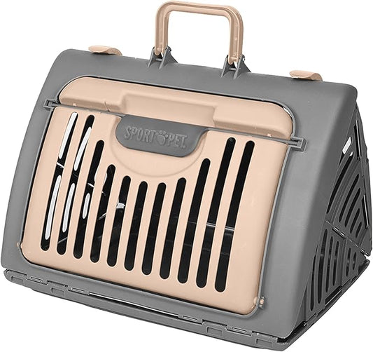 SportPet LARGE Hard-Sided Travel Cat Carrier - Cat Carrier with Patented Wide Side-Opening Door, Foldable Portable Pet Carrier with Removable Bed for Cats & Small Pets up to 25lbs - Gray/Tan