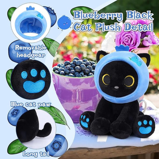 Black Cat Plush,8inch Blueberry Cat Stuffed Animals for Kids Cartoon Cats Plush, Cute Kitten Stuffy Gift for Kids Girl Boys Toddler Birthday
