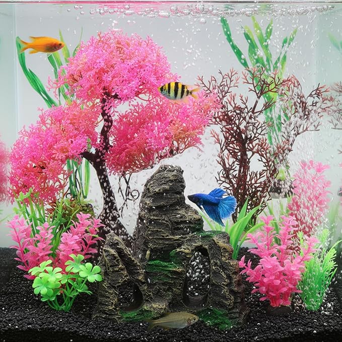 Suncalla 16 Pcs Aquarium Fish Tank Plastic Plants and Cave Rock Decorations Decor Set Pink Cherry Blossom Tree Aquarium Decor Set Small and Large Artificial Fish Tank Plants Accessories