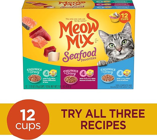 Meow Mix Seafood Favorites Chunks in Gravy Wet Cat Food Variety Pack, 2.75 Ounce (Pack of 48)