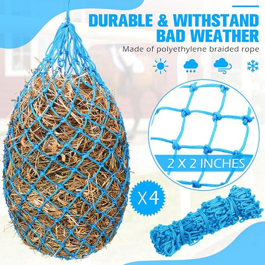 Nuenen 4 Pcs Hay Bags for Horses Goat 40 Inch Oxford Slow Feeder Hay Nets Bag for Horses Sheep Hanging Feeding Supplies Trailer Stable(Sky Blue)