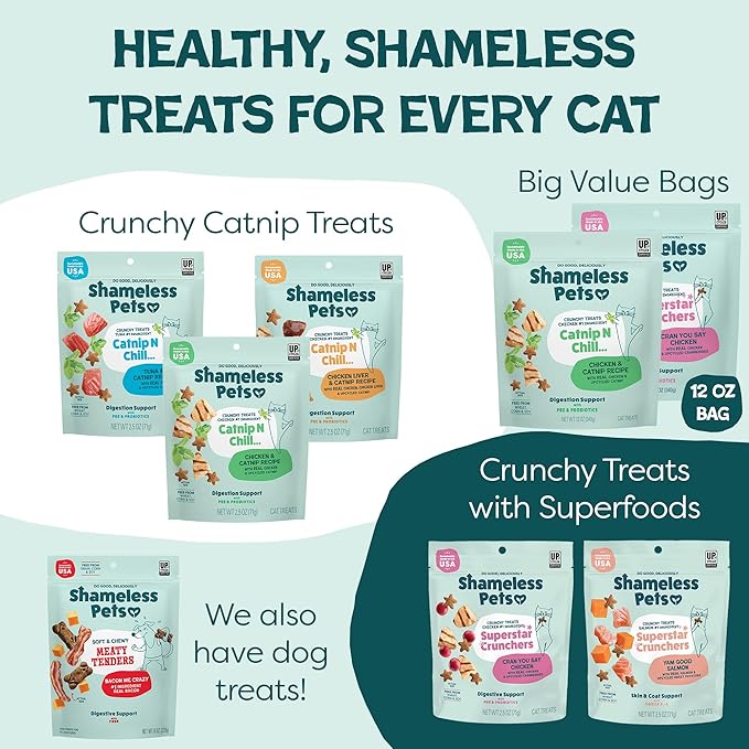 Shameless Pets Crunchy Cat Snacks & Treats – Healthy Cat Treats for Indoor Cats & Kittens with Catnip, Real Chicken & Digestive Support, Catnip N Chill (2.5 oz)