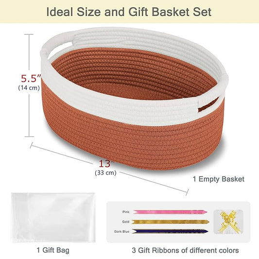 Small Woven Basket with Gift Bags and Ribbons, Empty Baby Gift Baskets for Kids Women Men, Shelf Storage, Small Cat Dog Pet Toy Boxes, 13”x 9”x 5.5”, Autumn Glaze