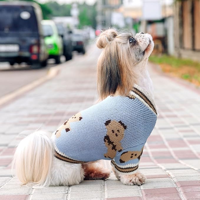 ABRRLO Small Dog Sweaters Cute Bear Dog Cardigans Clothes for Small Medium Dogs Boy Girl Puppy Cat Knitting Cardigan Outfits Dogs Winter Coats Warm Pet Doggy Clothes Soft Knitwear Apparel (Blue,L)