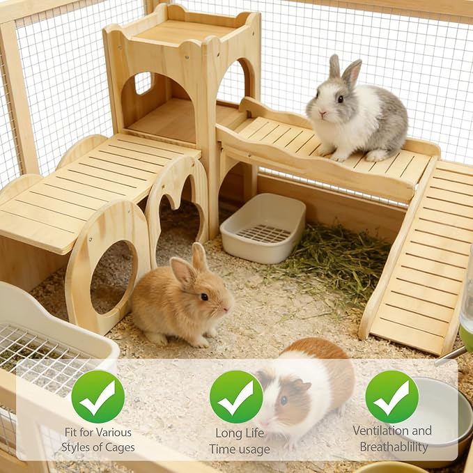 Rabbit Castle Large Guinea Pig Hideout Thicken Solid Wooden Bunny House with Ramp,Rabbit Playhouse for Chinchilla,Hamster,Small Animal Houses & Habitats(Set of 3)