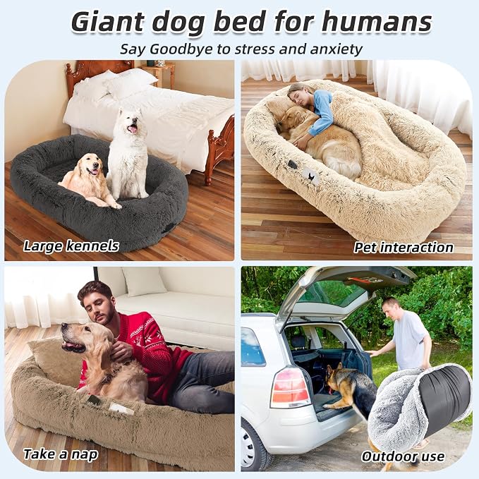 WROS Human Dog Bed, Large Dog Beds for Humans Size Fits You and Pets, Washable Faux Fur Orthopedic Human Pet Bed for People Doze Off, Napping, Present Pillow, Blanket, Strap - Khaki