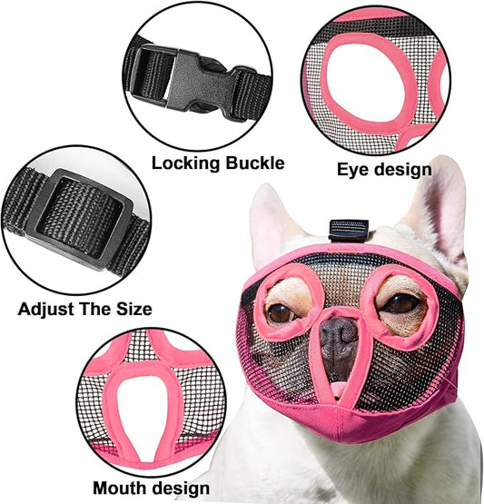 Short Snout Dog Muzzles- Adjustable Breathable Mesh Bulldog Muzzle for Biting Chewing Licking Training Grooming Dog Mask (Pink, X-Large/ 18"-25")