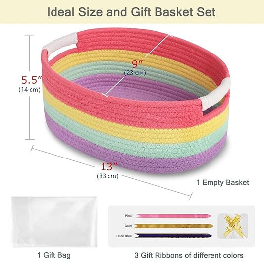 Small Woven Basket with Gift Bags and Ribbons, Empty Baby Gift Baskets for Kids Women Men, Shelf Storage, Small Cat Dog Pet Toy Boxes, 13”x 9”x 5.5”, Rainbow