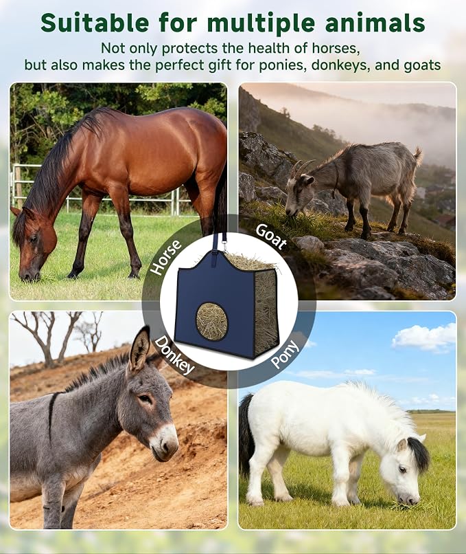 Hay Feeder for Goats and Horses - Slow Feed Design, Heavy Duty Hanging Hay Bag for Barn, Trailer & Paddock, Easy to Hang & Clean(2pcs, Navy Blue)