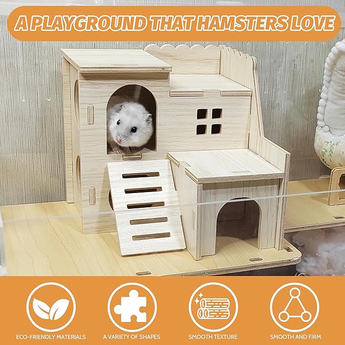 Hamster House,Tiny House with Slide House, Double-Decker Hut, Hamster Cage Accessories,Small Animal Habitat Decor for Large Hamster