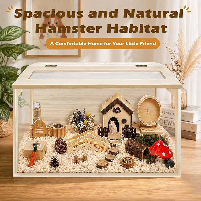 PROLEE Hamster Cage with Chewproof Wood Top, Guinea Pig Cages, Hamster Habitat with Clear Acrylic Sheets Solid Built, Small Animal Cage (Oak, 24X15.5X15.5 inch)
