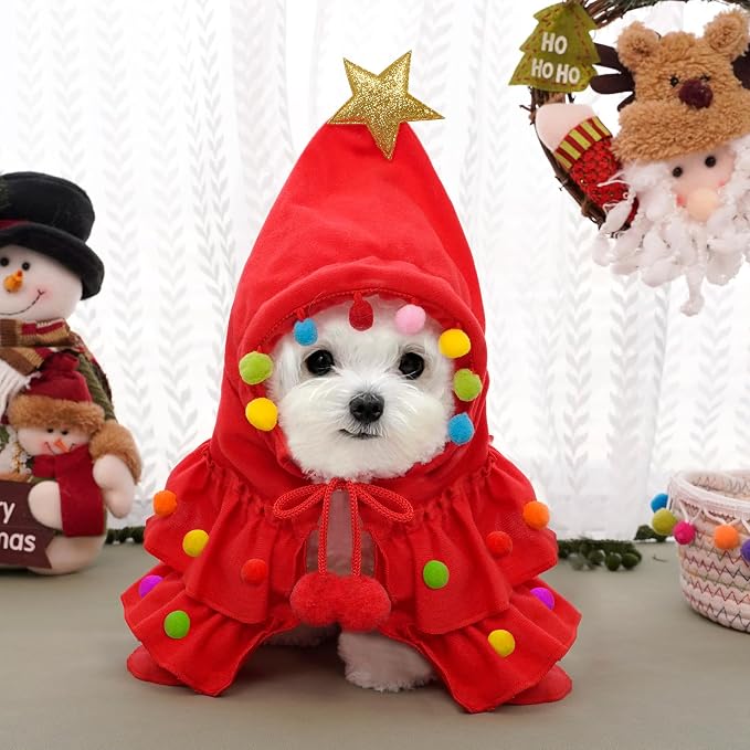 Vellibring Cat Christmas Outfit Red Pet Cloak with Hat with Star and Pompoms Puppy Cape Clothes Xmas Tree Elf Costumes Party Pet Supplies Accessories for Small Dogs Cats Pet Santa Presents