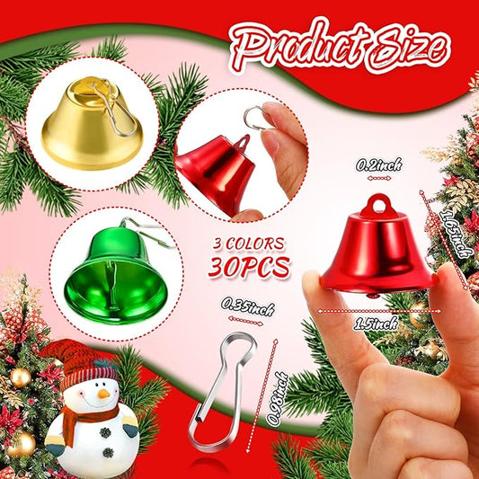 30 Pieces Craft Bells Small Brass Bells for Crafts Mini Vintage Bells with Spring Hooks Tiny for Hanging Wind Chimes Making Dog Training Doorbell Wedding Decor, 1.65 x 1.5 Inch(Red, Green, Gold)