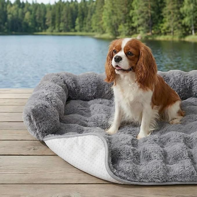 Calming Dog Bed for Couch, 29.5 x 29.5 inch Removable Couch Cover for Dogs Washable, Non-Slip Fluffy Plush Dog Sofa Mat for Furniture Protector (Grey)