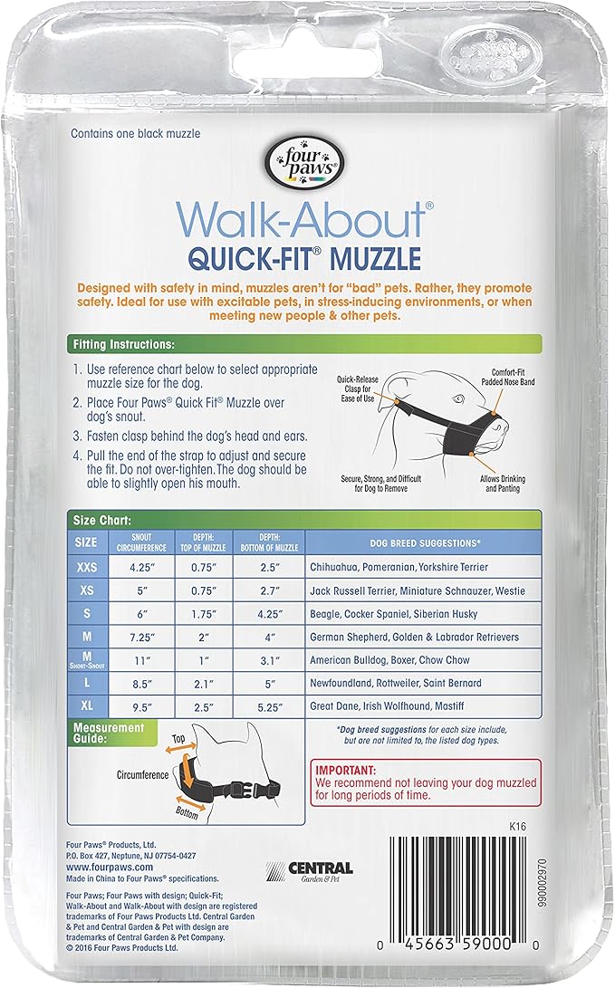 Four Paws Walk-About Quick-Fit Adjustable Dog Muzzle for Medium Dogs, Washable & Breathable, Black, 1 Count