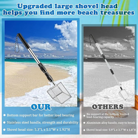 4Pack Shark Tooth Sifter(2 Shell Scooper+2 Seashell Bags), Retractable Long Handle Sand Dipper Shovel Tool for Adults and Kids, Shark Teeth Scoop for Picking Up Shells and Rocks