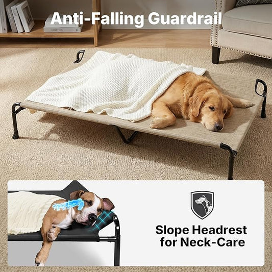 Veehoo Outdoor Dog Bed, 53" XXL Raised Dog Bed, Elevated Dog Bed with Headrest Sides, Washable Cooling Dog Cot with Non-Skid Feet, Breathable Mesh, Portable Pet Hammock for Indoor or Camping, Beige