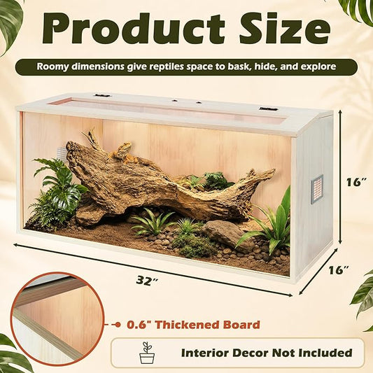 PROLEE Bearded Dragon Tank,Wooden Reptile Tank and Lizard Tank,Tempered Glass Large Bearded Dragon Enclosure with Built-in Lamp Fixture (32X16X16inch,34 Gallons)