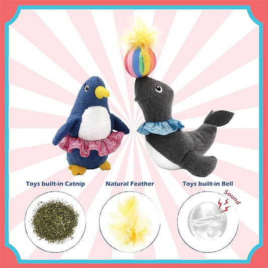 Jumpaws 2 Pack Interactive Catnip and Feather Cat Toys, Circus Penguin and Seal Catnip Toys, Accessories for Indoor Cat, Catnip Plush Toys with Natural Feathers and Rattles