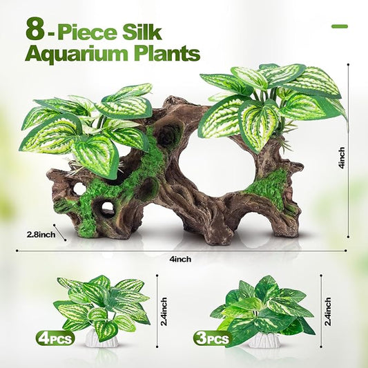 CousDUoBe 8 Pcs Fish Tank Decor,Silk Aquarium Plants Green Silk Leaf pad Hammock Artifical Driftwood cave Betta Fish Tank Accessories 7 x 2.8 x 4 inches(LxWxH)