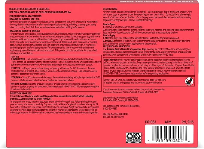 Amazon Basics Flea and Tick Topical Treatment and Prevention for Extra Large Dogs (89-132 lbs), Fast Acting and Long Lasting, 3 Count, Packaging May Vary