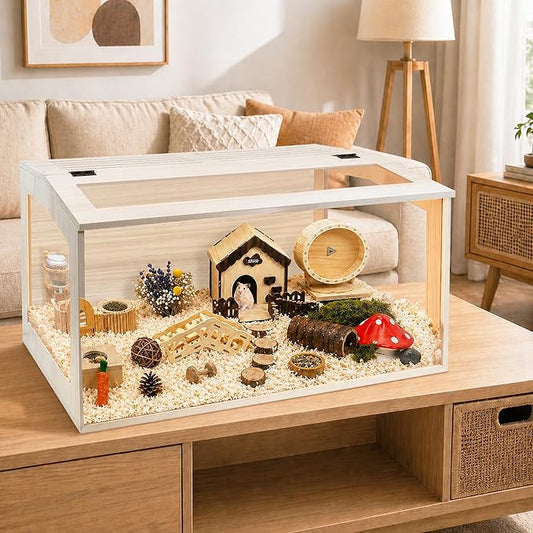 PROLEE Hamster Cage with Chewproof Wood Top, Guinea Pig Cages, Hamster Habitat with Clear Acrylic Sheets Solid Built, Small Animal Cage (Oak, 40X19.5X19.5 inch)