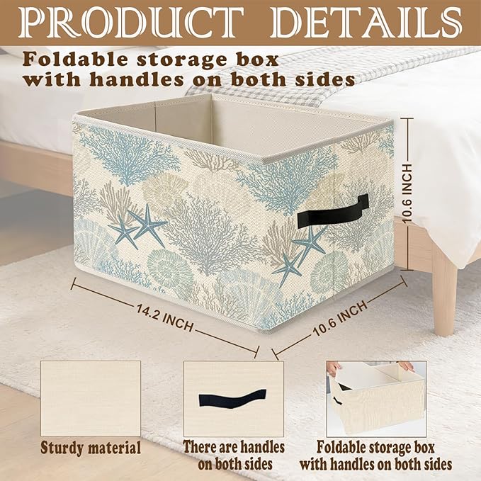 Coastal Beach Storage Bins, Beach House Decor, Coastal Coral Starfish Seashell Foldable Closet Organizers Storage Basket Toybox for Clothes Bed Sheets Blankets Toys