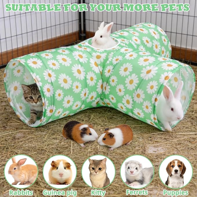 BWOGUE Bunny Tunnels & Tubes Collapsible 3 Way Bunny Hideout Small Animal Activity Tunnel Toys for Dwarf Rabbits Guinea Pigs Kitty
