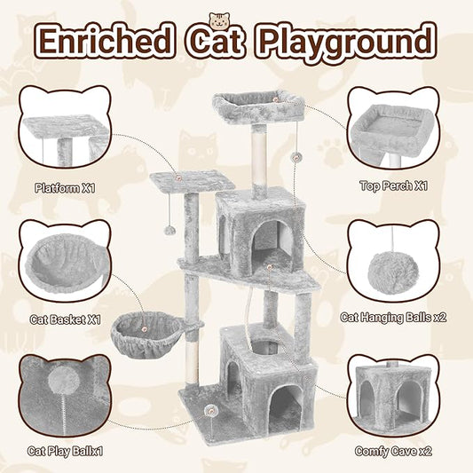 54-Inch Cat Tree Tower with 2 Caves & 2 Pompoms - Multi-Level Tower for Indoor Cats, Soft Plush Condo with Scratching Posts - Sturdy Base for Large Cats (Light Grey01)