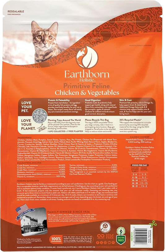 Earthborn Holistic Primitive Feline Grain-Free Dry Cat Food, High Protein Chicken Recipe, Indoor All Life Stages Formula, 12.5 lb Bag