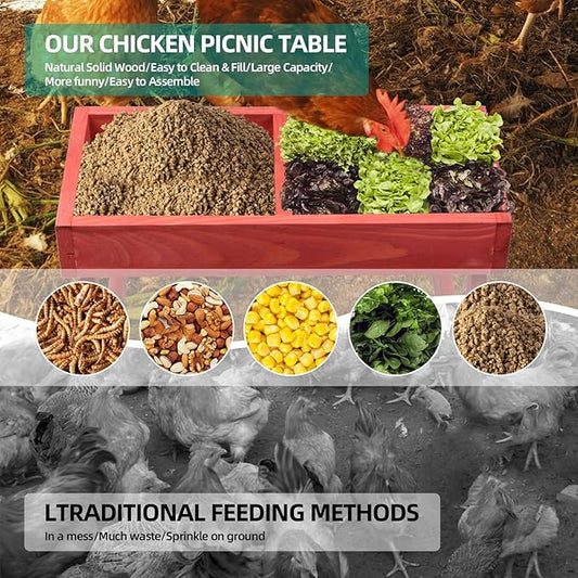 Chicken Picnic Table, Chicken Feeder No Waste Handmade Wooden, Large DIY Chicken Feeder Kit, Wild Bird, Duck & Squirrel Feeders, Mesh Bottom Keep Food Fresh and Dry Easy to Clean and Fill(Red Paint