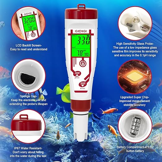 Aquarium Salinity pH Meter,Digital Pool Salt Tester,Simultaneously Display 5 in 1 PPM pH EC Reader Water Quality Tester for Pool, Aquaponics,Koi Pond, Coral Reef Tank