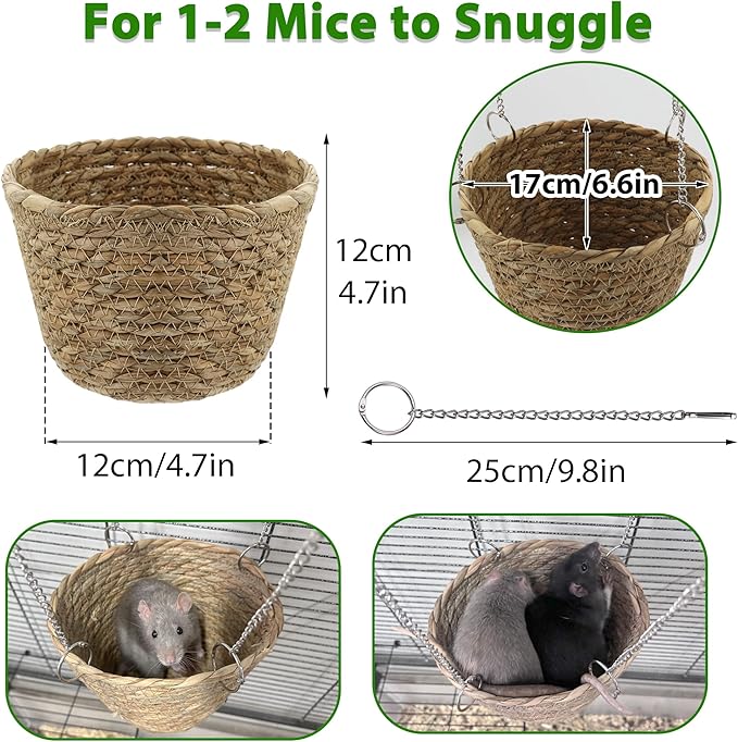 Natural Grass Rat Hammock for Cage, Tightly Woven Non-Collapse Rat Bed, Chew Proof Rodent Hammock for 1-2 Rats to Snuggle, Hanging Bowl-Shaped Rats Cage Bed with Sturdy Hooks for Full Protection