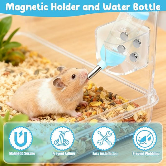 Magnetic Hamster Water Bottle Holder with Water Bottle, Adjustable Height Drop-Resistant Stand, Fits Bottles up to 2" Dia, Universal for Small Pets (Hamsters, Gerbils, Mice), Hamster Cage Accessories