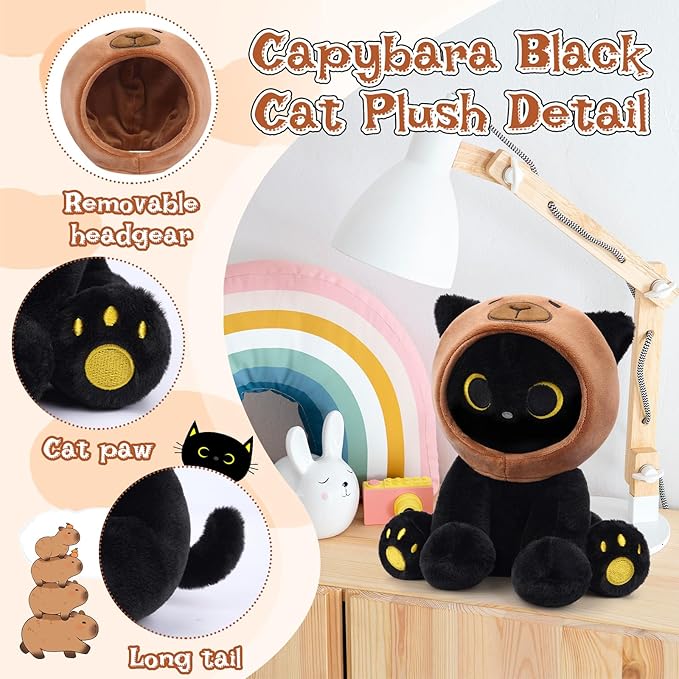 Capybara Plush Stuffed Cat, 8inch Black Cat Plush Wear Capybara Hood, Cute Kitten Plushies Kawaii Huggable Gift for Kids, Boys, Girls, Birthday