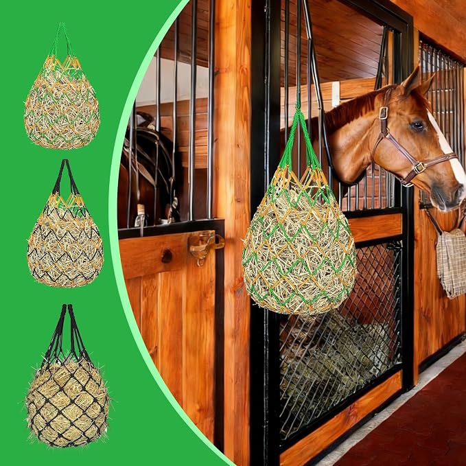 3 Pack Slow Feed Hay Nets for Horses, 40-Inch Durable Mesh Hay Bags with Carabiners and Gloves, Durable Hanging Hay Net for Goat Sheep, Livestock Hay Feeder for Stable Trailer Pasture