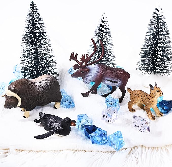 SIENON 60Pcs Arctic Animal Toy Set, Mini Winter Animal Figures with Polar Bear, Penguin, Caribou, Puffin, Lynx, Igloo, Pine Trees, Fake Ice Rocks for School Project Christmas Birthday Cake Decorations