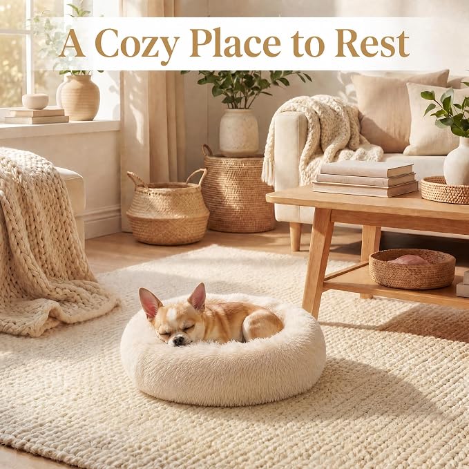 Tiny Dog Bed 15 Inch for Extra Small Dogs,Washable Puppy Bed,Soft Faux Fur Calming Donut Bed for Chihuahua Yorkie Maltese Pomeranian,Beige